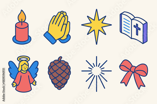 Festive Isometric Icons. Holy Night Reflection flat icons set. candle flame, folded hands, star, open Bible, angel, pinecone, light ray, ribbon