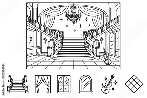 Elegant Ballroom Scene. Luxury Ballroom linear icon set. grand staircase, draped curtain, mirror wall, violin, sparkling light, marble floor