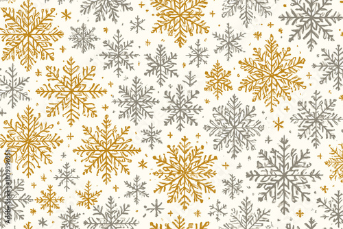 Intricate Festive Snowflakes. Seamless pattern of intricate snowflakes in gold and gray, interspersed with delicate stars. The arrangement is balanced and continuous. Vector illustration