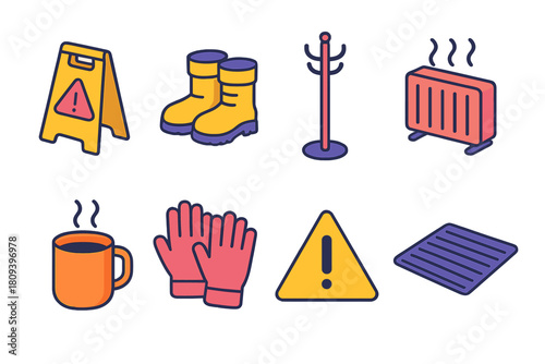 Office Safety Icons. Office Precautions flat icons set. wet floor sign, snow boots, coat rack, heater, coffee mug, gloves, warning label, floor mat