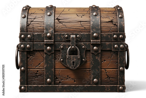 Detailed illustration of an antique wooden treasure chest, featuring rustic metal bands and a secure padlock, symbolizing hidden wealth, adventure, and valuable discoveries