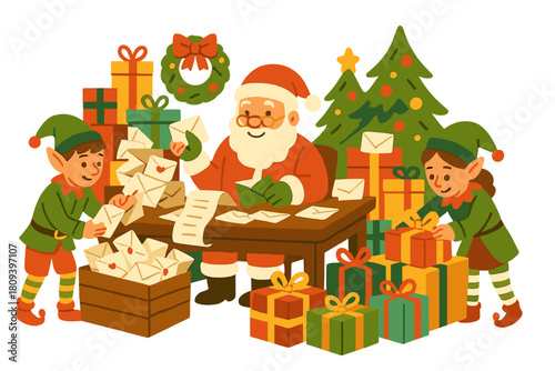 Santa's Busy Workshop. Whimsical illustration of Santa's workshop, bustling with activity. Elves are busy sorting letters and wrapping gifts, surrounded by stacks of. Vector illustration