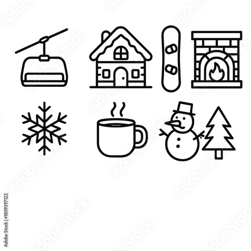Winter Resort Icons. Winter Resort Set linear icon set. ski lift, mountain lodge, snowboard, fireplace, snowflake, hot cocoa mug, snowman, pine trees