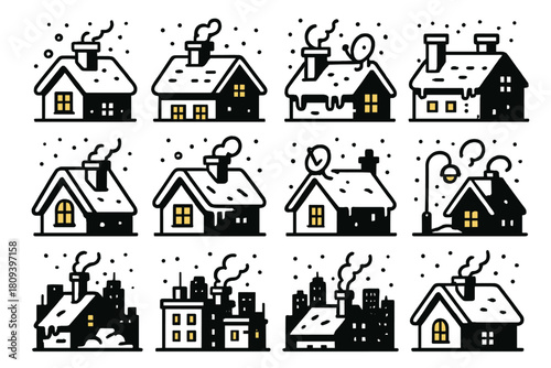 Winter Cityscape Silhouette. Winter City Rooftops linear icon set. snow-covered chimneys, slanted roofs, glowing windows, satellite dishes, icy gutters, snow piles, streetlight