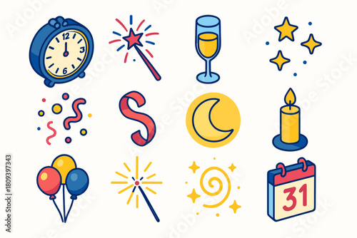 Festive New Year Icons. Clock Striking Twelve flat icons set. ornate clock, fireworks flare, champagne flute, night stars, confetti, ribbon curl, moon glow, candle, balloon bunch