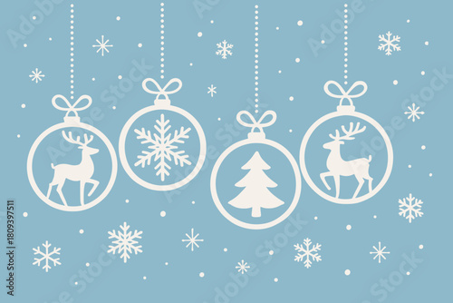 Festive Ornament Harmony. Festive holiday scene showcases hanging ornaments with charming silhouettes of reindeer, snowflakes, and Christmas trees. The ornaments are. Vector illustration