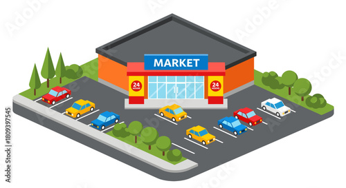 A colorful isometric vector illustration of a modern 24-hour market building featuring a spacious parking lot filled with various sedans and green trees, designed in a clean flat style