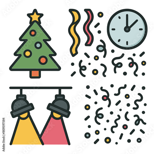 Festive Office Party Icons. Set of festive office party icons, including a Christmas tree, colorful streamers, bright spotlights, confetti, and a clock showing party. Vector illustration