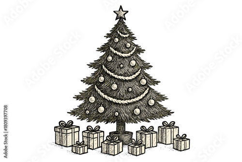 Minimalist Christmas Tree. Sketched Christmas tree adorned with minimalist ornaments and tinsel. The tree stands tall as the focal point, surrounded by an array of. Vector illustration