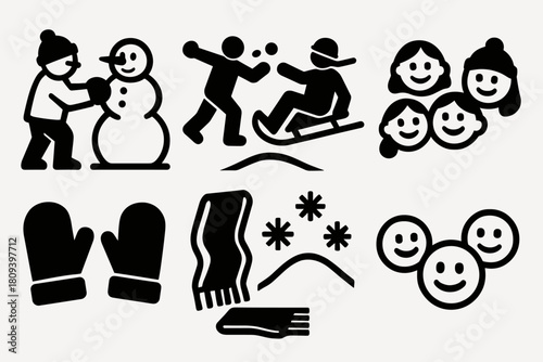 Winter Fun Icons. Winter Fun Together silhouette icon set. snowman building, snowball fight, sled ride, family laughter, mittens, scarves, snowy hill, smiling faces