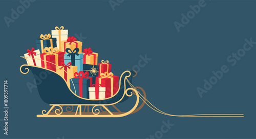 Elegant illustration of Santas sleigh filled with a large pile of beautifully wrapped Christmas presents on a dark blue background.