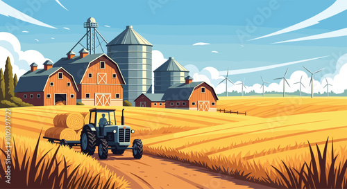 Idyllic farm scene shows a tractor pulling hay bales through a golden wheat field with red barns and silos in the background.
