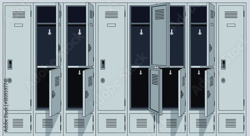 Row of gray metal school or gym lockers with some doors open and some closed in a hallway creating a simple background.