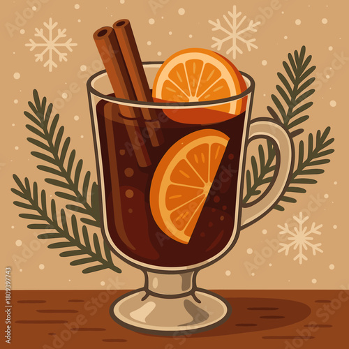 Festive Mulled Wine. Illustration of a glass of mulled wine with cinnamon sticks and orange slices, exuding warmth and seasonal aroma. The glass is positioned. Vector illustration