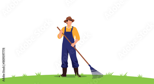 Flat design illustration of a male farmer in overalls and a hat standing in a grassy field while holding a large rake.