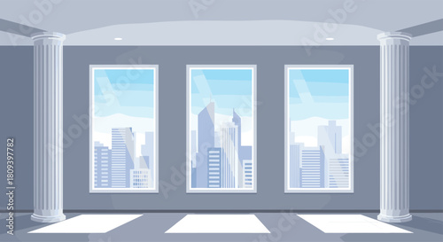 Modern and spacious empty room interior with large windows showing a city skyline view flanked by two classic white columns.