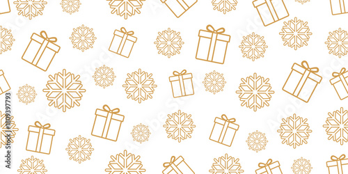 Elegant seamless Christmas and winter pattern featuring golden-brown outline icons of gift boxes and stylized snowflakes scattered randomly on a plain white background.