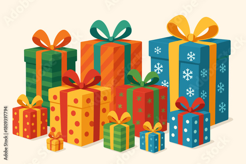 Festive Gift Box Collection. Collection of gift boxes wrapped in colorful paper and adorned with ribbons and bows. Each box varies in size and design, including. Vector illustration