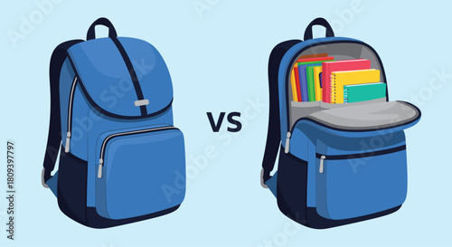 Comparison illustration showing a closed blue backpack versus an open backpack full of colorful school supplies like books.