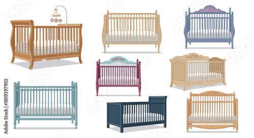 Collection of eight different baby cribs in various styles and colors from classic wood to modern designs on a white background.