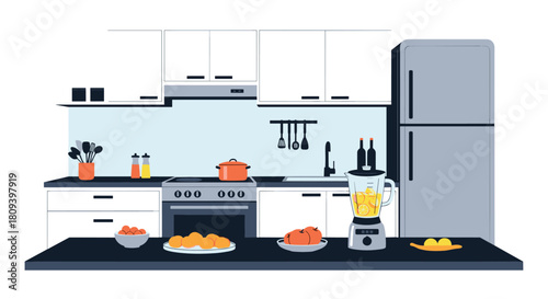 Modern kitchen interior features white cabinets a stove refrigerator and a countertop with fresh fruit and a blender.