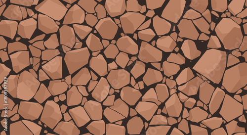 Seamless pattern of brown fractured rocks and stones creates a realistic ground texture for game design or nature backgrounds.