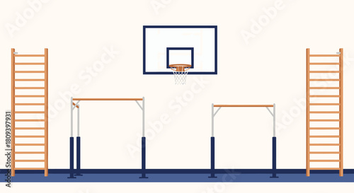 Empty school gym interior with a basketball hoop parallel bars and wall bars for physical education classes and training.