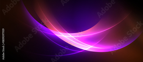 Abstract design features vibrant curves, glowing lines. Purple, orange hues dominate dark background. Modern, dynamic composition.
