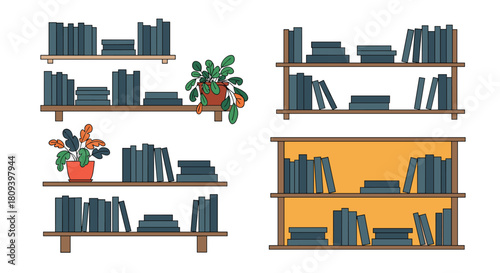 Set of four different wooden bookshelves filled with books and some decorated with potted plants for a cozy interior design.