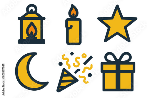 Festive Midnight Icons. Festive Midnight silhouette icon set. Lantern, Candle, Star, Moon, Confetti, Gift Box.