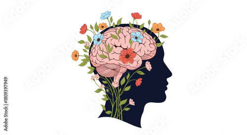 Conceptual illustration of mental health shows a human head silhouette with a brain from which beautiful colorful flowers grow.
