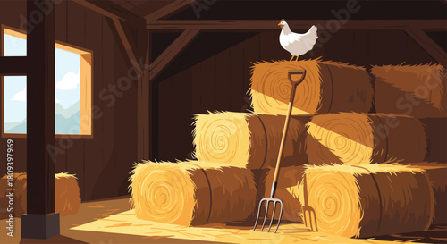 Cozy and rustic barn interior scene with sunlight streaming through a window onto stacks of hay bales a pitchfork and a chicken.