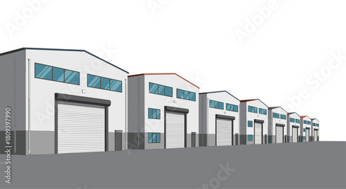 Perspective illustration of a long row of identical modern warehouse buildings with large garage doors on a white background.