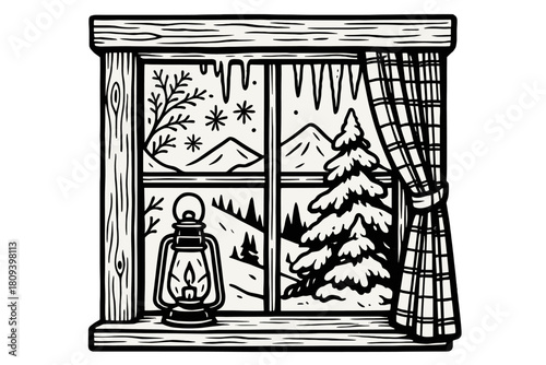 Cozy Cabin View. Rustic Cabin Window linear icon set. wooden frame, frost crystals, snow-covered pine, lantern on sill, plaid curtain, mountain view, icicles, cozy interior light