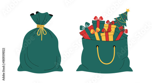 Two illustrations of a green Santa sack one tied closed and the other open and full of colorful gifts and a small tree.