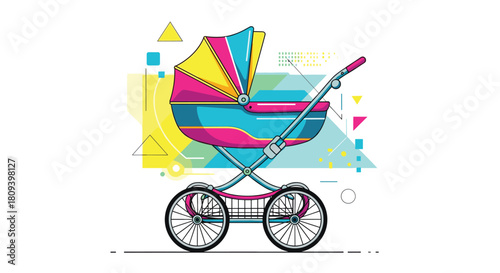 Colorful and modern illustration of a vintage-style baby stroller or pram against a background of abstract geometric shapes.