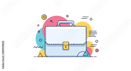 Modern and stylish illustration of a light-colored briefcase with a gold lock against a vibrant background of abstract shapes.