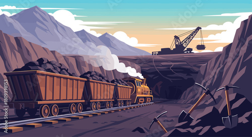 Vintage-style illustration of a steam train pulling carts full of coal away from a mine entrance in a mountainous landscape.