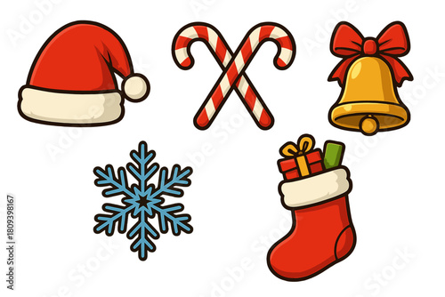 Festive Christmas Icons. Set of Christmas icons featuring a Santa hat, a pair of candy canes crossed, a golden bell with a red ribbon, a snowflake, and a red. Vector illustration