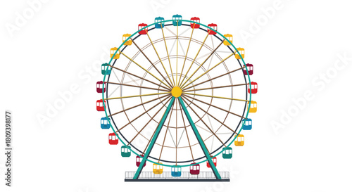 Colorful ferris wheel with multi-colored cabins from an amusement park or carnival isolated on a clean white background.