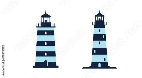 Simple and clean illustration of two classic striped blue and white lighthouses isolated on a plain white background.