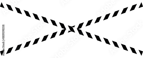 Black and white image of two crossing lines with repeating diamond shapes on a white background, caution tape