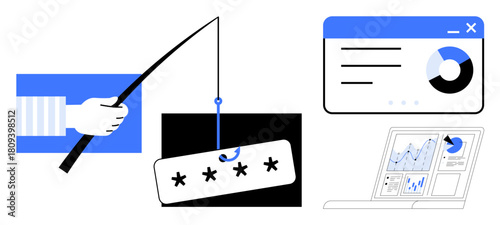 Hand with fishing rod hooking password login, browser with chart interface, and data analysis graphs. Ideal for cybersecurity, hacking, phishing, online security, data theft, monitoring fraud