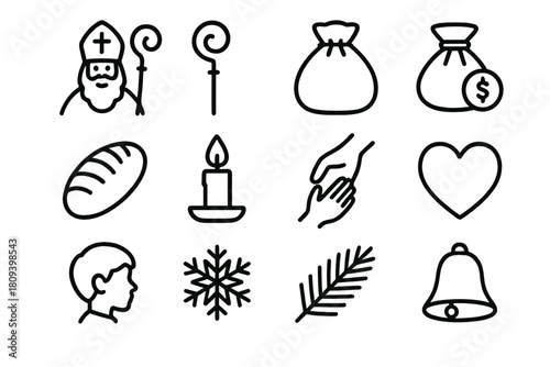 St. Nicholas Icons. St. Nicholas Good Deeds linear icon set. St. Nicholas figure, golden staff, gift bag, coin pouch, loaf of bread, candle flame, helping hand, heart symbol, child