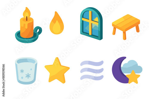 Cozy Icon Set. Cozy Ambience flat icons set. wax candle, holder, flame, window light, bench, frosty glass, star, night mist