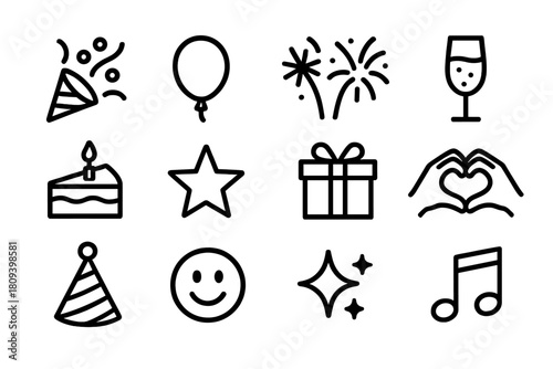Celebration Icons Ensemble. Celebration Highlights linear icon set. confetti, balloon, fireworks, champagne glass, cake, star, gift box, heart hands, party hat, smiley emoji
