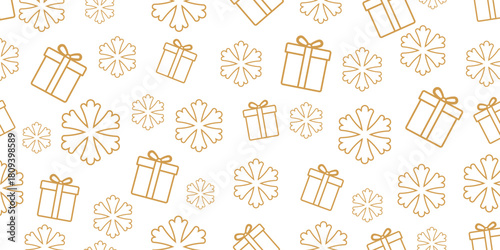 Elegant seamless Christmas and winter pattern featuring golden-brown outline icons of gift boxes and stylized snowflakes scattered randomly on a plain white background.
