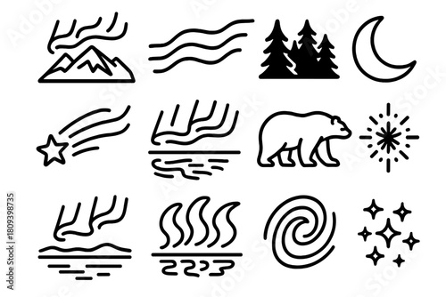 Aurora Magic Icons. Aurora magic icons linear icon set. northern lights over mountains, glowing sky waves, pine forest silhouette, crescent moon, shooting star, frozen lake