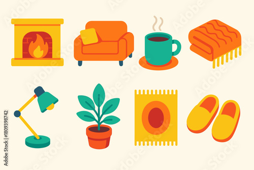 Cozy Home Icons. Warm Home Interiors flat icons set. fireplace, sofa, hot drink, knit throw, reading lamp, potted plant, rug, slippers