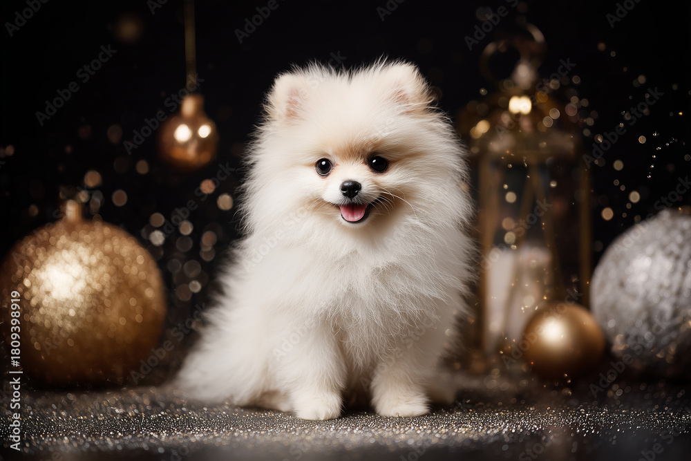 Obraz premium White Pomeranian standing on glittery Christmas background